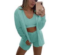 WIWIDANG Shecozy Pajama Set,Cozy Knit Set 3-Piece, Women's Fluffy 3 Piece Pajama Set Sexy Fuzzy 3 Piece Cardigan Outfits (UK, Alpha, M, Regular, Regular, Green-b)