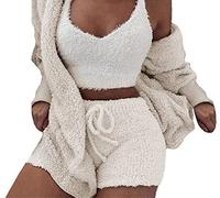 WIWIDANG Shecozy Pajama Set,Cozy Knit Set 3-Piece, Women's Fluffy 3 Piece Pajama Set Sexy Fuzzy 3 Piece Cardigan Outfits (UK, Alpha, M, Regular, Regular, Beige white-a)
