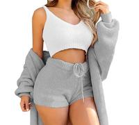 WIWIDANG Shecozy Pajama Set,Cozy Knit Set 3-Piece, Women's Fluffy 3 Piece Pajama Set Sexy Fuzzy 3 Piece Cardigan Outfits (UK, Alpha, S, Regular, Regular, Gray-a)