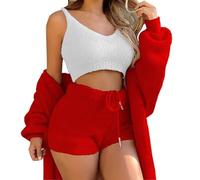 WIWIDANG Shecozy Pajama Set,Cozy Knit Set 3-Piece, Women's Fluffy 3 Piece Pajama Set Sexy Fuzzy 3 Piece Cardigan Outfits (UK, Alpha, L, Regular, Regular, Red-a)