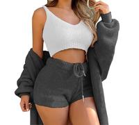 WIWIDANG Shecozy Pajama Set,Cozy Knit Set 3-Piece, Women's Fluffy 3 Piece Pajama Set Sexy Fuzzy 3 Piece Cardigan Outfits (UK, Alpha, XL, Regular, Regular, Black-a)