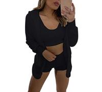 WIWIDANG Shecozy Pajama Set,Cozy Knit Set 3-Piece, Women's Fluffy 3 Piece Pajama Set Sexy Fuzzy 3 Piece Cardigan Outfits (UK, Alpha, S, Regular, Regular, Black-b)