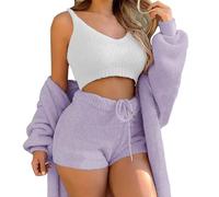 WIWIDANG Shecozy Pajama Set,Cozy Knit Set 3-Piece, Women's Fluffy 3 Piece Pajama Set Sexy Fuzzy 3 Piece Cardigan Outfits (UK, Alpha, S, Regular, Regular, Purple-a)