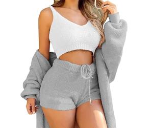 WIWIDANG Shecozy Pajama Set,Cozy Knit Set 3-Piece, Women's Fluffy 3 Piece Pajama Set Sexy Fuzzy 3 Piece Cardigan Outfits (UK, Alpha, M, Regular, Regular, Gray-a)