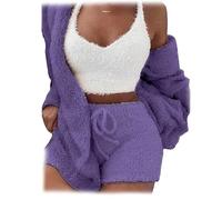WIWIDANG The Cozy Knit Set,Women Cozy Knit Set 3 Pieces Fluffy Plush Pajama Long Sleeve Velvet Hooded (Dark Purple, Large)