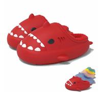 WIWIDANG Winter Shark Slides,Comfy Fuzzy Shark Slippers,Shark Flip Flops,Cute Shark Cloud Slippers Winter, Cute Animal Slippers (Red-A, 7.5-8)