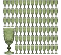 Wiwiqing 100 Pcs Plastic Goblets 7.5oz Vintage Goblet Plastic Wine Glasses Colored Retro Embossed Water Goblets for Wine Bar Juice Baby Shower Wedding Reception Grand Event Party (Olive Green)