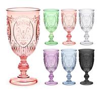 Wiwiqing 6 Pcs Plastic Goblets 7.5oz Vintage Goblet Plastic Wine Glasses Colored Retro Embossed Water Goblets for Wine Bar Juice Baby Shower Wedding Reception Grand Event Party (Multicolor)