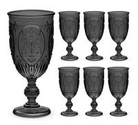 Wiwiqing 6 Pcs Plastic Goblets 7.5oz Vintage Goblet Plastic Wine Glasses Colored Retro Embossed Water Goblets for Wine Bar Juice Baby Shower Wedding Reception Grand Event Party (Black)