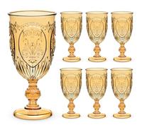 Wiwiqing 6 Pcs Plastic Goblets 7.5oz Vintage Goblet Plastic Wine Glasses Colored Retro Embossed Water Goblets for Wine Bar Juice Baby Shower Wedding Reception Grand Event Party (Amber)