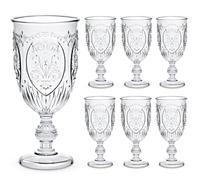 Wiwiqing 6 Pcs Plastic Goblets 7.5oz Vintage Goblet Plastic Wine Glasses Colored Retro Embossed Water Goblets for Wine Bar Juice Baby Shower Wedding Reception Grand Event Party (Clear)