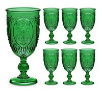 Wiwiqing 6 Pcs Plastic Goblets 7.5oz Vintage Goblet Plastic Wine Glasses Colored Retro Embossed Water Goblets for Wine Bar Juice Baby Shower Wedding Reception Grand Event Party (Dark Green)