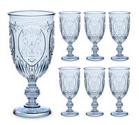 Wiwiqing 6 Pcs Plastic Goblets 7.5oz Vintage Goblet Plastic Wine Glasses Colored Retro Embossed Water Goblets for Wine Bar Juice Baby Shower Wedding Reception Grand Event Party (Blue)