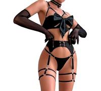 WixenWear Sexy Strappy Black Bow Lingerie Set with Sheer Gloves and Thigh Bands - Ultimate Temptation for Special Nights, Black, S
