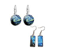 Wixine 2Pair Rectangle Van Gogh Starry Night Landscape Square Circle Van Gogh Starry Night Silver Trendy Glass Earrings