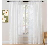 WIYETY 2 x White Lace Curtains, 150 x 100 cm, Flower Design, Voile Curtain with Flowers, Sheer Curtain with Eyelets, Embroidered Decorative Curtains for Living Room, Bedroom, Kitchen