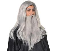 Wizard Beard and Wig 1Set Long Grey Magician Wizard Costume Heat Resistant Fiber Costume Wig Santa Halloween Costumes Cosplay Accessory for Adults, Beard and