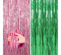 Wizard Birthday Decorations, Party Decorations, 2 PCS 3.28 x 8.2Ft Tinsel Curtain With Pink Curtains and Green Curtains, Green and Pink Glitter Streamer Backdrop Party Decor for Party Supplies for 14+