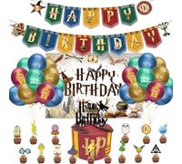 Wizard Birthday Party Decoration, Background Cloth, Happy Birthday Banner, Balloon, Birthday Cake Topper Fork, Black Ribbon, Full of Magic Birthday Party Decoration Supplies