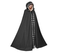 Wizard Cloak, Adult Hooded Cloak with Moon Embroid Brim, Middle Ages Vampire Long Cape, Halloween Wizard Costume, Unisex Wizard Robe for Christmas (Black, 170-180cm)