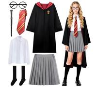 Wizard Cloak Magic Robe Girls, 7PCS Wizard Costume, Magic School Uniform Wizard Robe, Wizard Cosplay Outfit with Socks, Wand, Tie, Glasses Frame, Wizard Fancy Dress for Carnival Party World Book Day