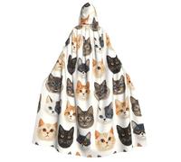 Wizard Cloak with Hood Men Women - Cute Cat Face A Print Witch Hooded Vampire Cape, Halloween Costumes Black