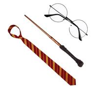 Wizard Costume Accessories Set - Nerd Circle Glasses, Red and Gold Tie and a Magic Wand Halloween Costume Accessory Set for Kids and Adults