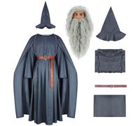 Wizard Costume with Wig Adult Warlock Robe Men Sorcerer Costume Grey Cloak Hat Cape Halloween Cosplay Outfits, Gandalf Robe, XXXL
