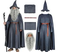 Wizard Costume with Wig Adult Warlock Robe Men Sorcerer Costume Grey Cloak Hat Cape Halloween Cosplay Outfits, Gandalf Robe, Large