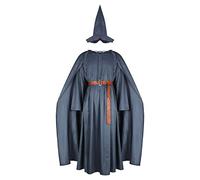 Wizard Costume with Wig Adult Warlock Robe Men Sorcerer Costume Grey Cloak Hat Cape Halloween Cosplay Outfits, Gandalf Robe, Medium