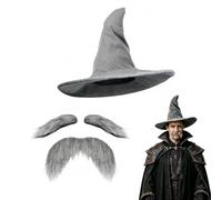 Wizard Hat, 2-Piece Costume Set with Hat and Beard, Crumpled Witches Hat | Chinlon Fabric, Witch Costume Accessories, Curved Brim for Halloween, Cosplay Costume Accessory Party Christmas Masquerade