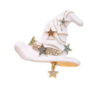 Wizard Hat Brooch with Star & Rhinestones Detail for Halloween Costume, Black Glossy Enameled Witch Hat Design, for Coats Scarves Bags Fantasy Themed Jewelry, White