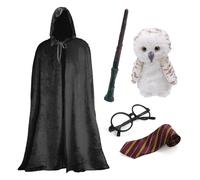Wizard Set - Cape, Tie, Owl, Glasses & Wand I Love Fancy Dress Black One Size