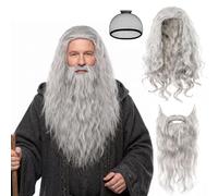 Wizard Wig and Long Beard, Men's Long Curly Grey Wig Cosplay Wizard Sorcerer Prophet Wig, Old Men Cosplay Adult Fancy Dress for Mens Halloween Costume Cosplay Party, One Size