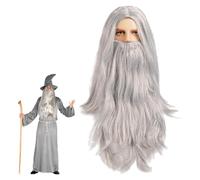 Wizard Wig and Long Beard, Men's Long Straight Grey Wig Cosplay Wizard Sorcerer Prophet Wig,Gray Beard Wig Set for Mens Halloween Costume Cosplay Party (Grey)
