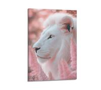 WIZIGM Animal Turning Head Among Pink Plants White Lion Poster Modern Wall Art Canvas Aesthetic Decoration Painting 08x12inch(20x30cm) Frame-style