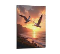 WIZIGM Animal Two Seagulls Flying at Sunset Beach Poster Modern Wall Art Canvas Aesthetic Decoration Painting 08x12inch(20x30cm) Frame-style