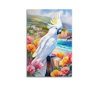 WIZIGM Animal White Parrot Standing in Seaside Flowers Poster Modern Wall Art Canvas Aesthetic Decoration Painting 24x36inch(60x90cm) Unframe-style