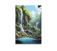 WIZIGM Landscape Poster Indonesian Rainforest Waterfall Group in Illustration Poster Modern Wall Art Canvas Aesthetic Decoration Painting 24x36inch(60x90cm) Unframe-style