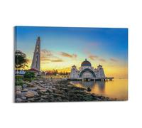 WIZIGM Landscape Poster Real - Shot Malacca Strait Mosque Dusk Panorama Poster Modern Wall Art Canvas Aesthetic Decoration Painting 16x24inch(40x60cm) Frame-style