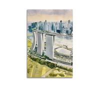 WIZIGM Landscape Poster Singapore Marina Bay Sands Panorama in Watercolor Poster Modern Wall Art Canvas Aesthetic Decoration Painting 16x24inch(40x60cm) Unframe-style
