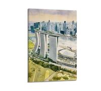 WIZIGM Landscape Poster Singapore Marina Bay Sands Panorama in Watercolor Poster Modern Wall Art Canvas Aesthetic Decoration Painting 16x24inch(40x60cm) Frame-style