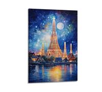 WIZIGM Landscape Poster Thai River - Side Stupa at Moonlit Night in Oil Painting Poster Modern Wall Art Canvas Aesthetic Decoration Painting 24x36inch(60x90cm) Frame-style