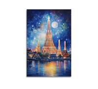 WIZIGM Landscape Poster Thai River - Side Stupa at Moonlit Night in Oil Painting Poster Modern Wall Art Canvas Aesthetic Decoration Painting 24x36inch(60x90cm) Unframe-style