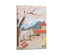 WIZIGM Vintage Travel Japan, Cherry Blossom Trees Pavilion & Mountains.jpg Poster Modern Wall Art Canvas Aesthetic Decoration Painting 16x24inch(40x60cm) Frame-style