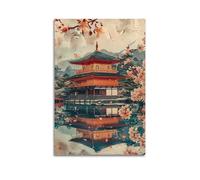 WIZIGM Vintage Travel Kyoto Japan, Golden Pavilion And Cherry Blossom Reflection.jpg Poster Modern Wall Art Canvas Aesthetic Decoration Painting 16x24inch(40x60cm) Unframe-style
