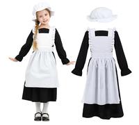 Wizland Victorian Maid Costume for Girls,Victorian Village Medieval Outfit with Dress&Hat,Kids Prairie Vintage Fancy Dress for age 10-12(Black