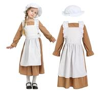 Wizland Victorian Maid Costume for Girls,Victorian Village Medieval Outfit with Dress&Hat,Kids Prairie Vintage Fancy Dress for age 10-12(Brown