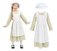 Wizland Victorian Maid Costume for Girls,Victorian Village Medieval Outfit with Dress&Hat,Kids Prairie Vintage Fancy Dress for age 6-8(Floral
