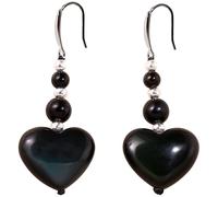 Wizock 925 Sterling Silver Black Agate Obsidian Heart Shaped Dangle Earrings for Women Trendy Protection Energy Love Jewelry Handmade Drop Earrings
